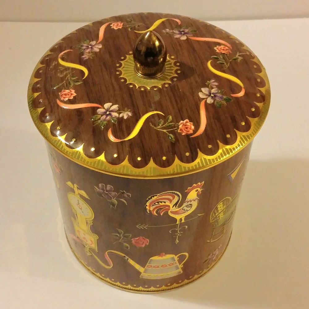 Vintage Decorative Cookie Tin with Brown and Gold Accents